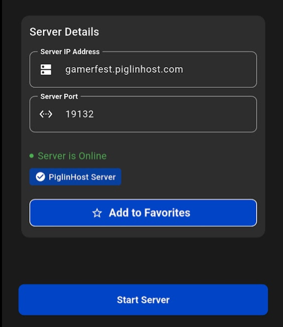 ChunkConnect: enter server address and port 19132, then Start Server