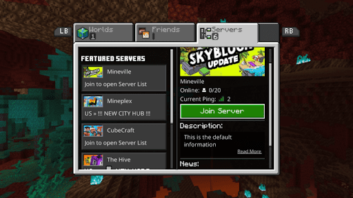 Minecraft Bedrock server list menu
